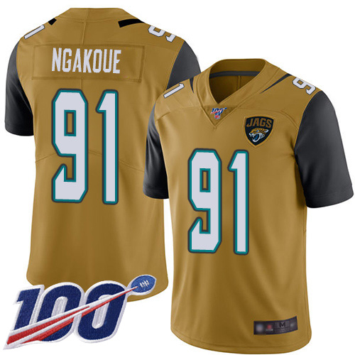 Men Nike Jacksonville Jaguars 91 Yannick Ngakoue Gold Stitched NFL Limited Rush 100th Season Jersey